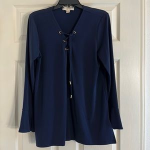 Michael Kors large navy blue tunic like  blouse with bell cuffs & ties.